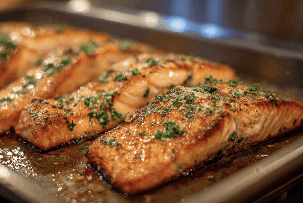 golden brown baked herb lemon salmon fillets on a baking sheet