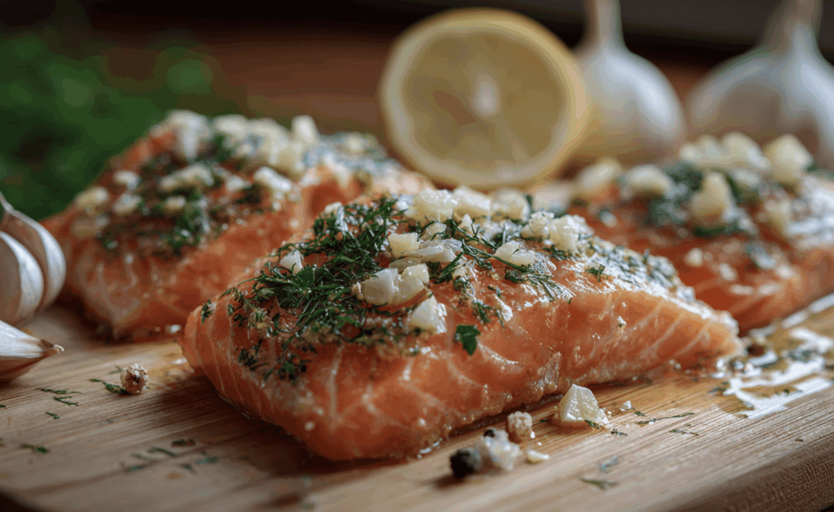 salmon fillets topped with fresh garlic and herbs on a wooden cutting board