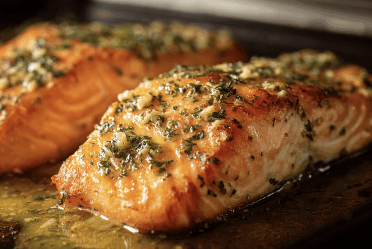 baked herb lemon salmon with garlic and butter on a baking sheet