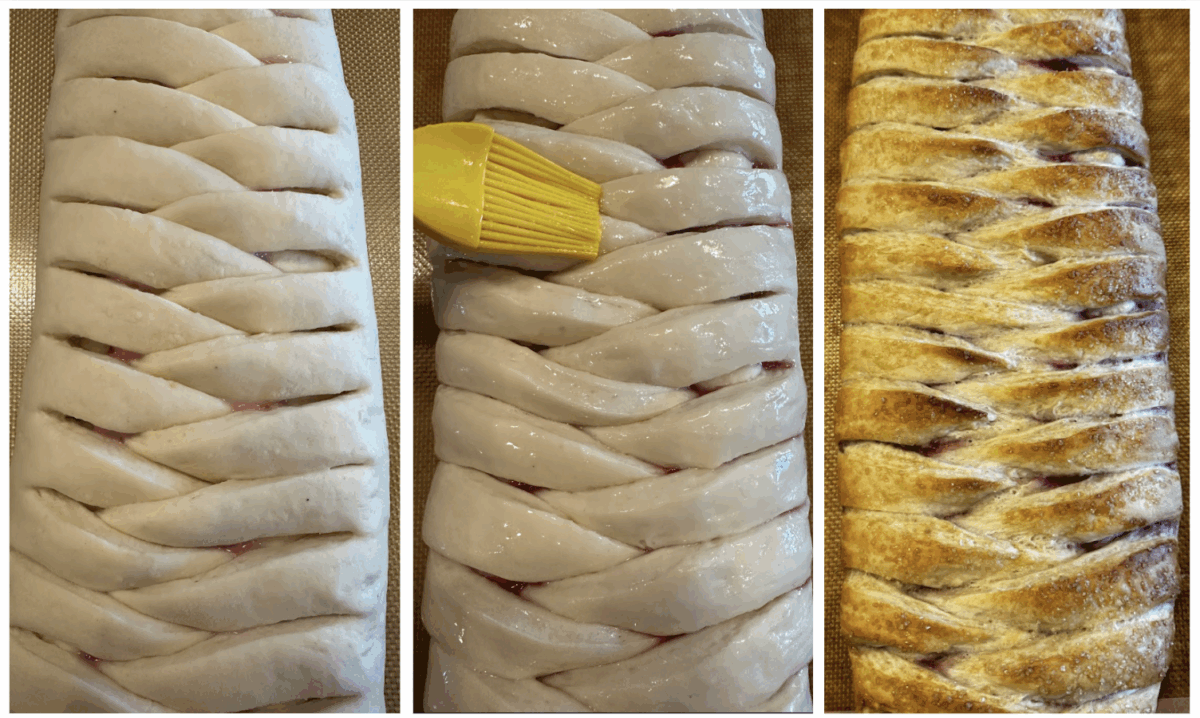 process shots showing how to make raspberry cream cheese braided bread