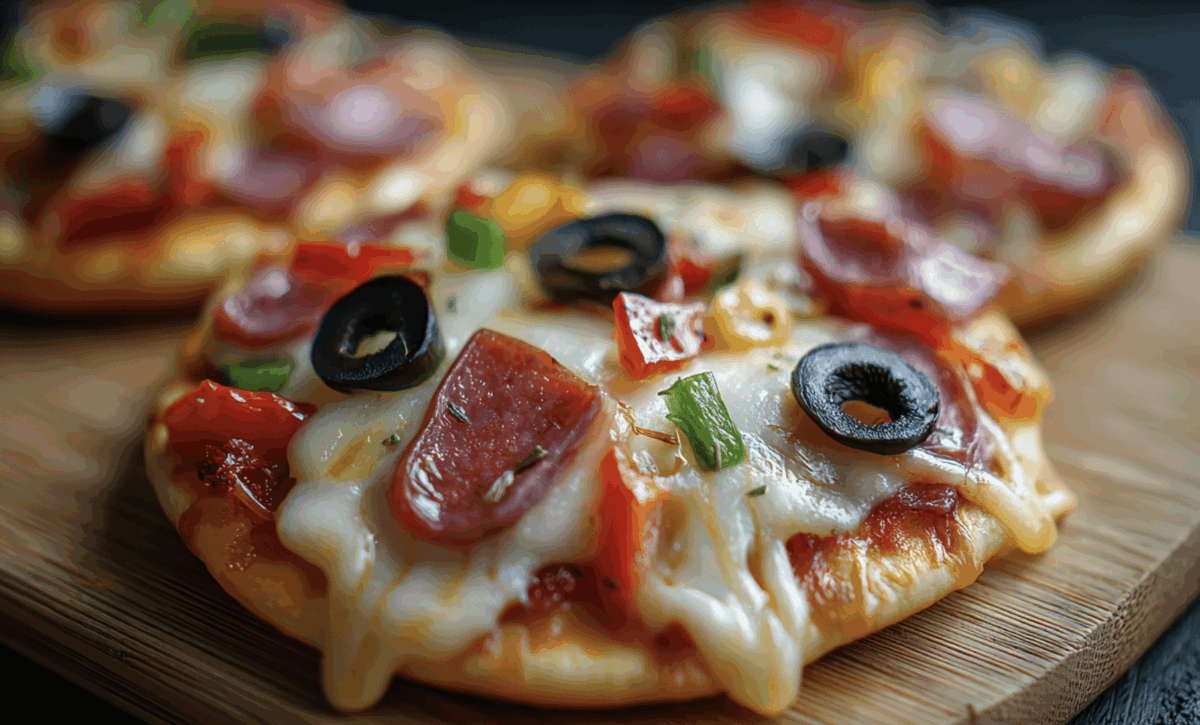 diy mini pizza lunchables with pepperoni and sliced olives on a wooden cutting board