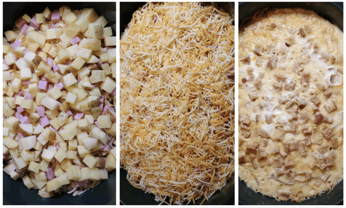 Process shots showing how to make overnight crockpot breakfast casserole