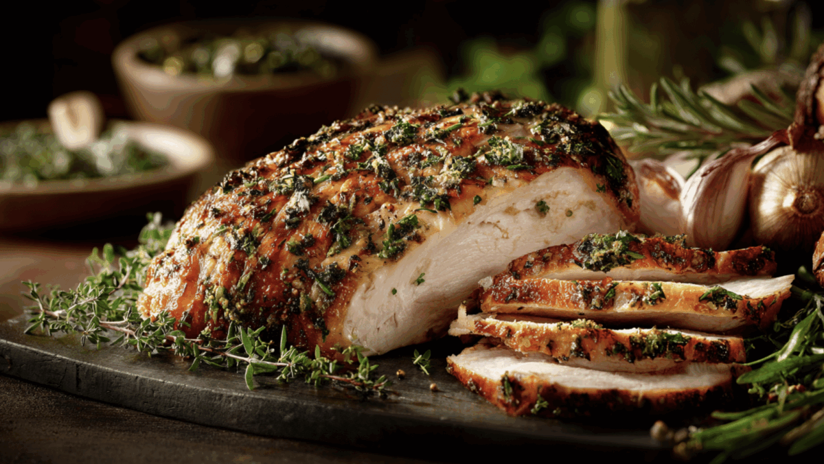 herbed roast turkey sliced on a wooden cutting board