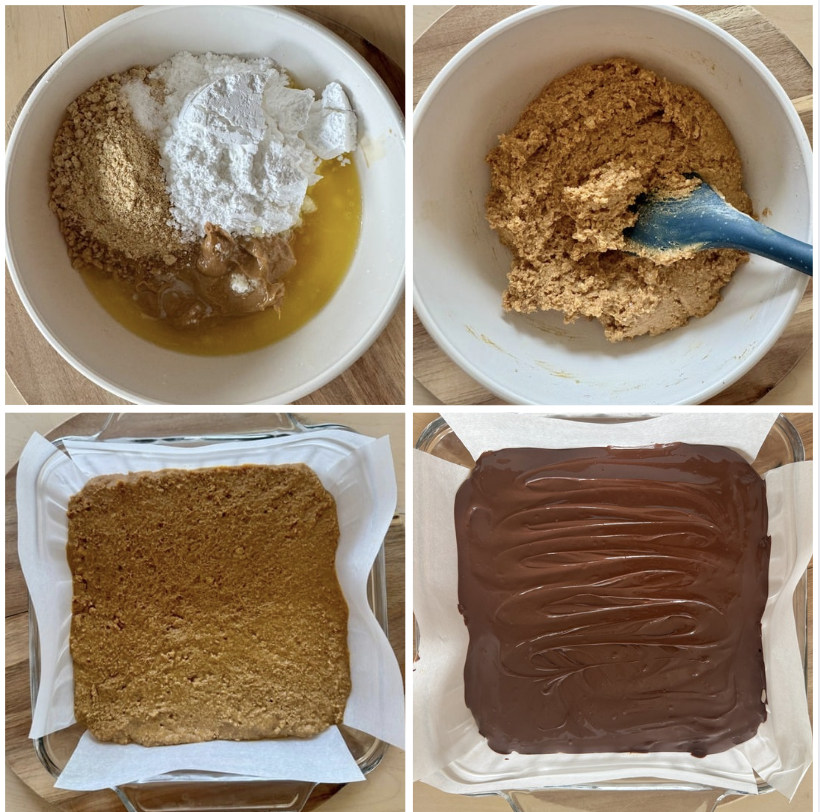 process shots showing how to make no bake peanut butter chocolate bars