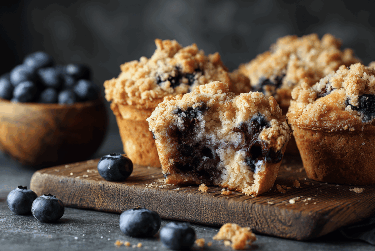 bakery style blueberry muffins on a cutting board with fresh blueberries in the background