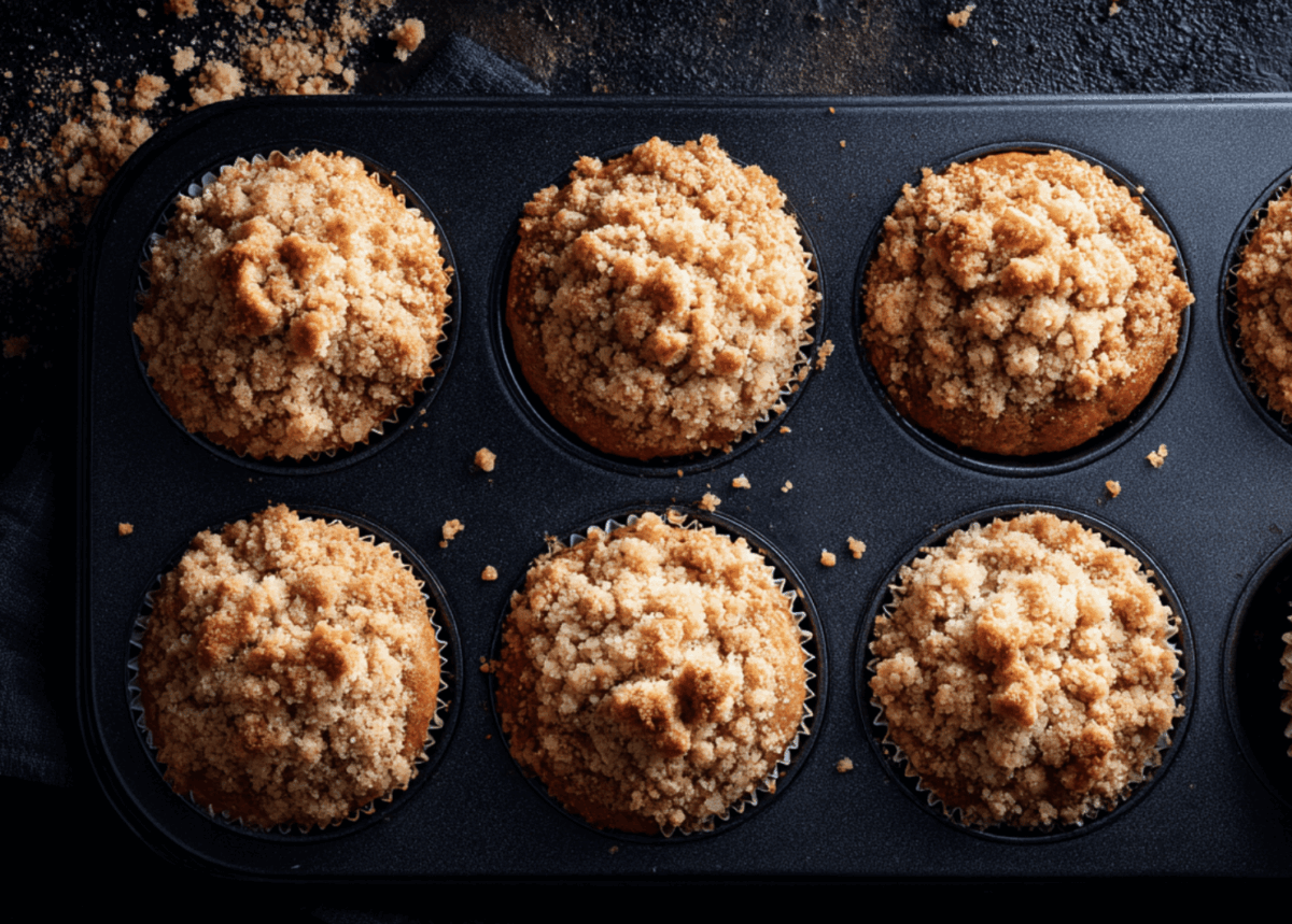 Blueberry muffins with struesel in a muffin pan