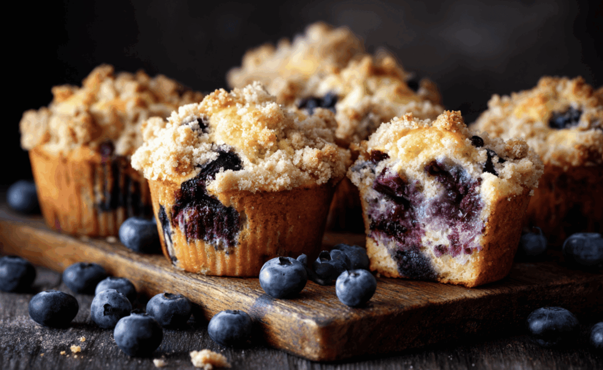 homemade blueberry muffins scattered on a wooden cutting board with fresh blueberries