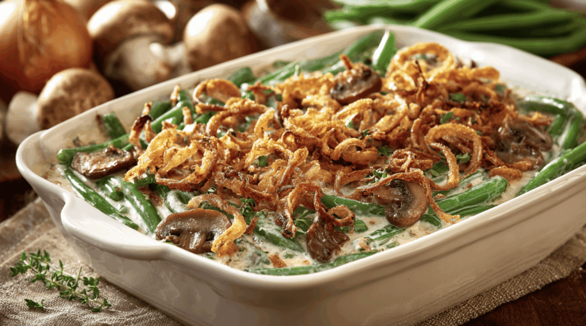 green bean casserole with mushrooms and fried onions in a white ceramic baking dish