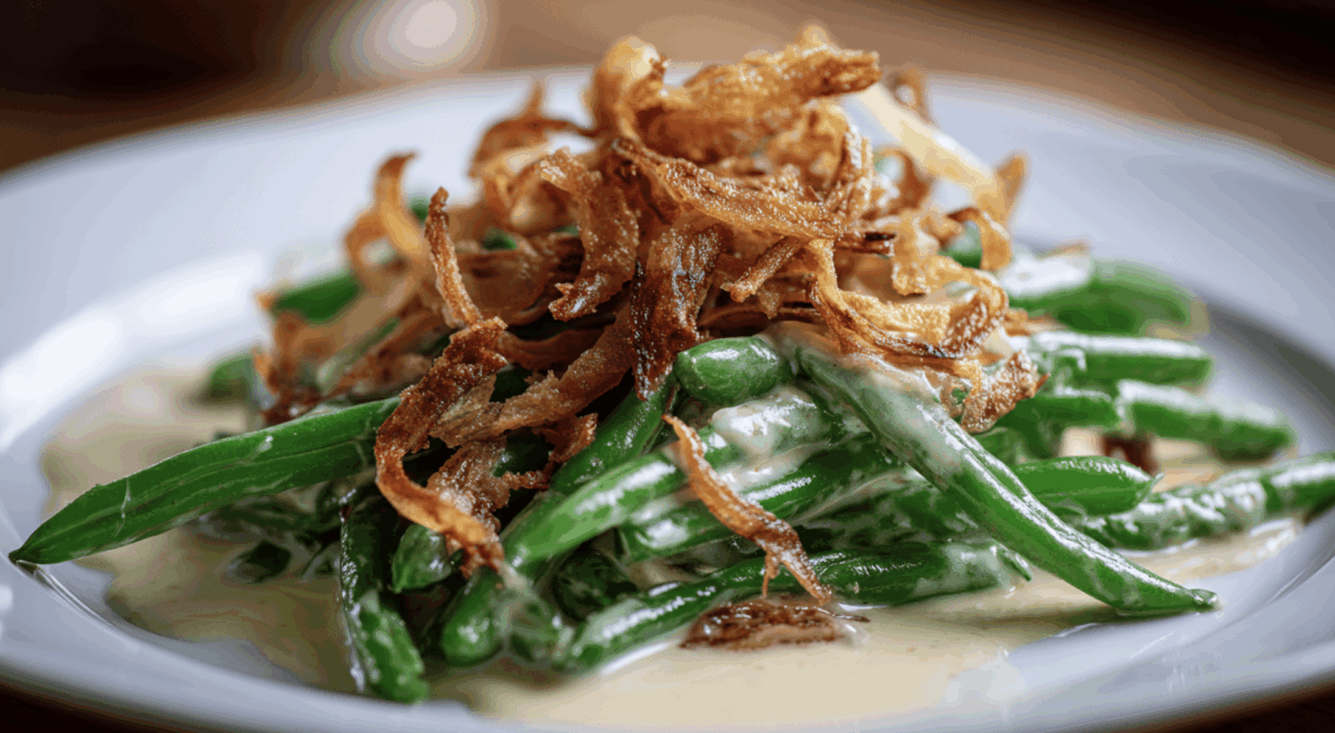 A serving of fresh green bean casseroles on a serving plate piled high topped with fried onions