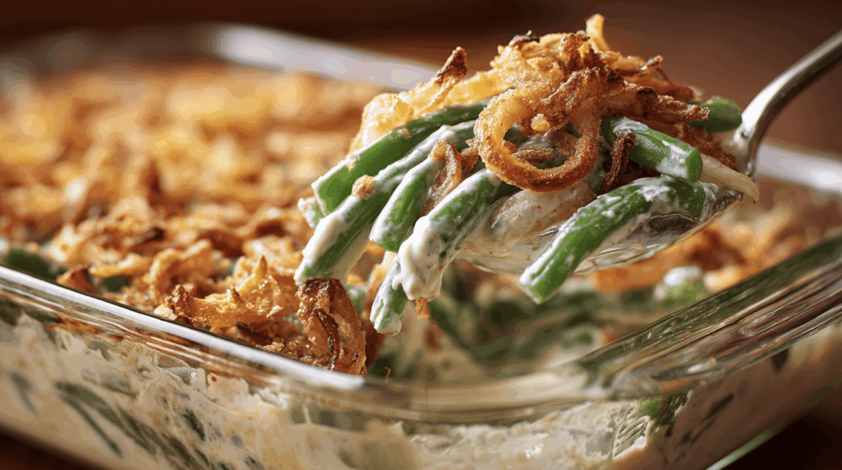 Green bean casserole in a glass baking dish being scooped out with a serving spoon