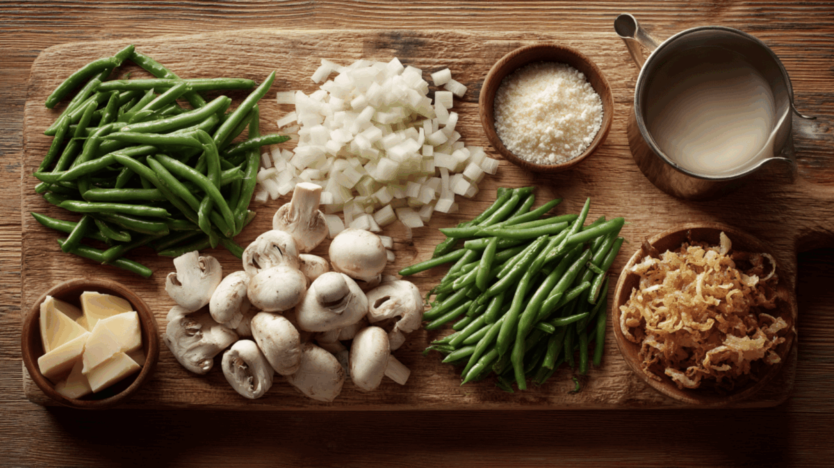 the ingredients needed to make green bean casserole displayed on a wooden cutting board