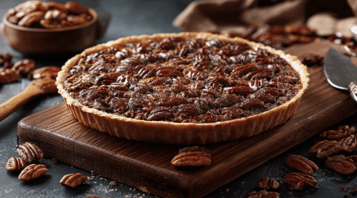 pecan pie recipe on a wooden board with scattered pecans