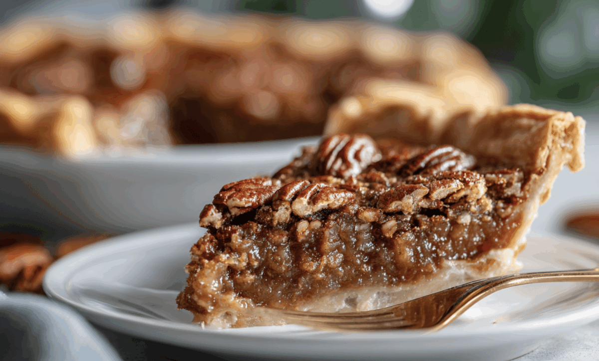a slice of classic pecan pie on a white serving plate with a gold fork