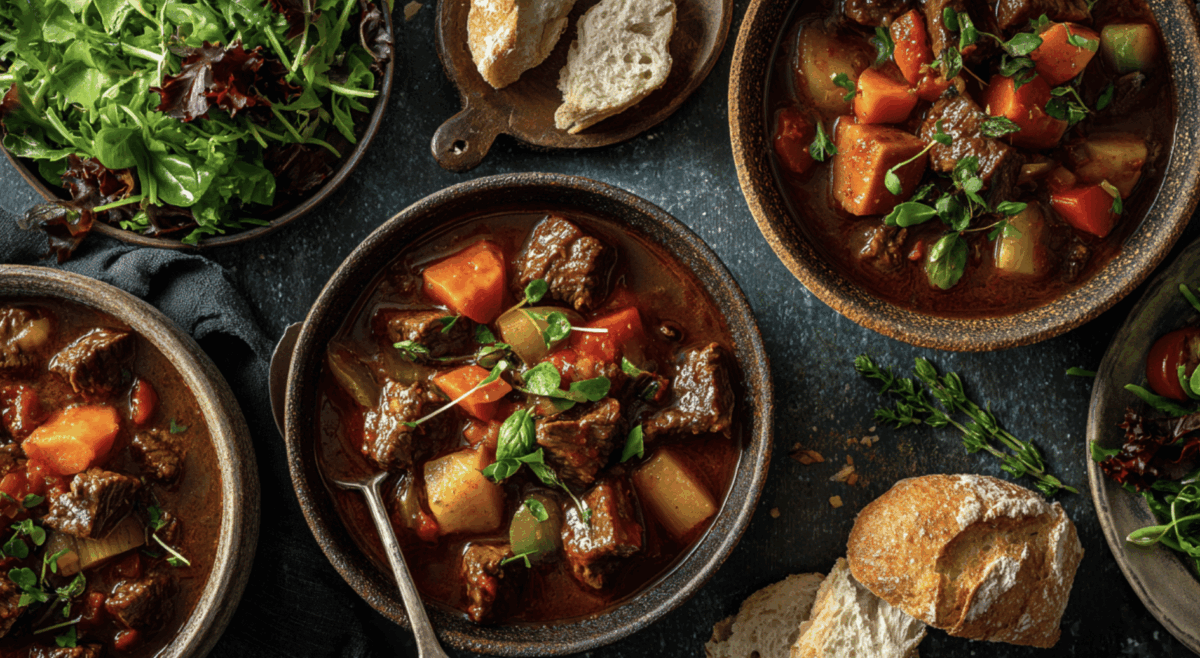 bowls of beef stew arranged on a table with chunks of bread and fresh herbs