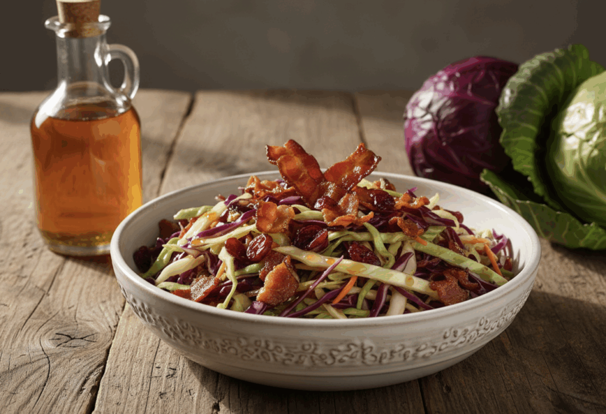 fried cabbage with bacon in a servbing bowl with a bottle of maple syrup in the background