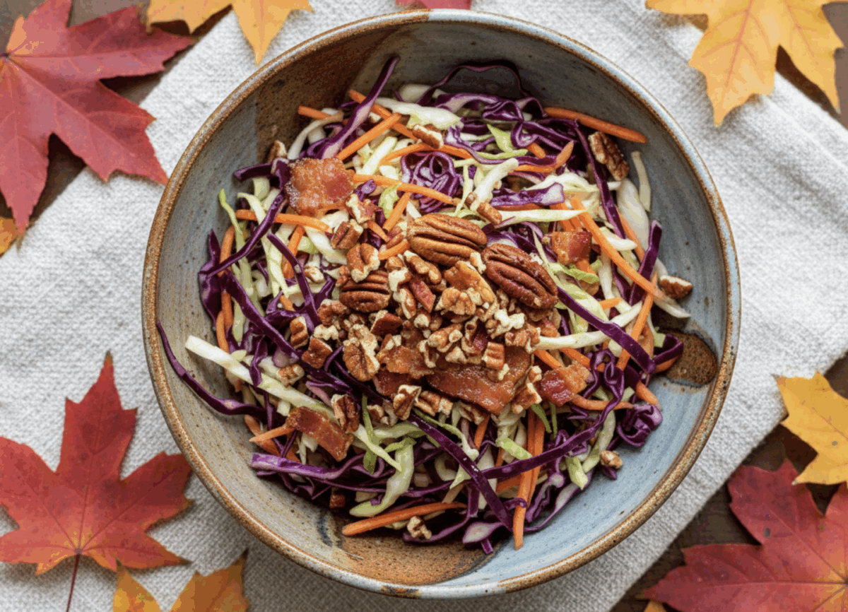 fried cabbage with bacon and pecans in a serving bowl