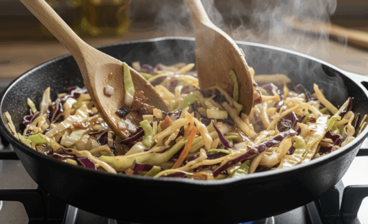 shredded cabbage frying in a pan stirred with wooden spoons