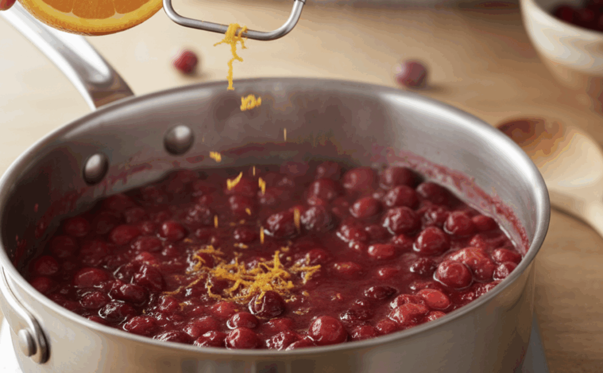 homemade cranberry sauce with fresh orange zest in a saucepan