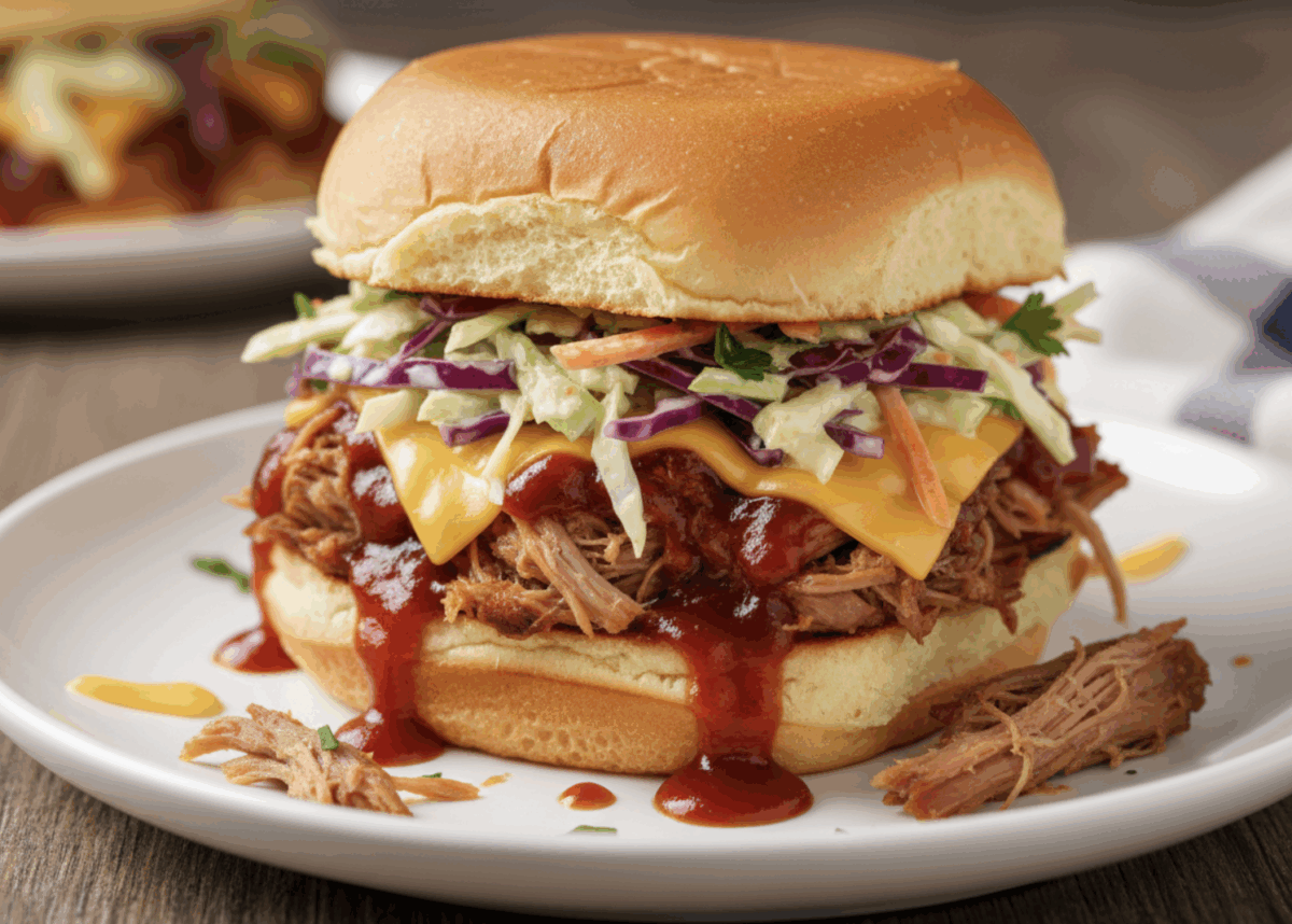 a single pork slider on a serving plate with cheese, coleslaw, and barbecue sauce 