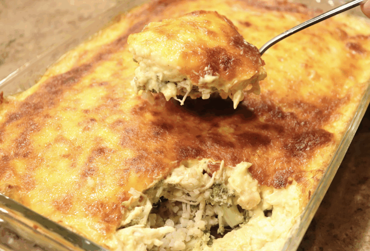 chicken divan casserole in a glass baking dish