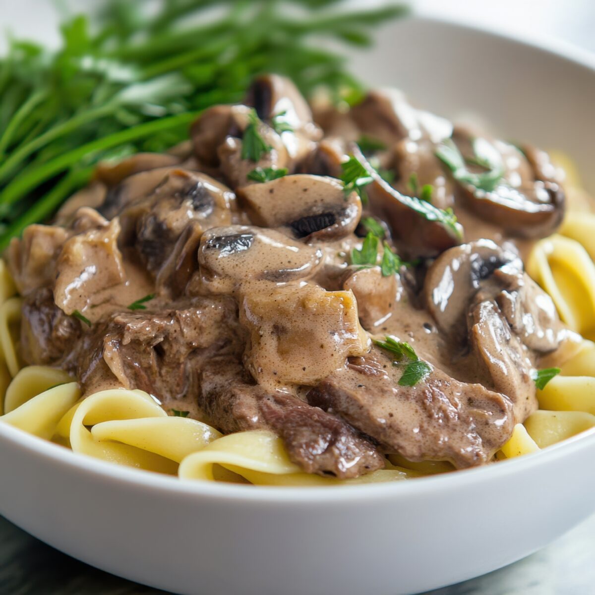 beef stroganoff with mushrooms in a creamy sauce over egg noodles