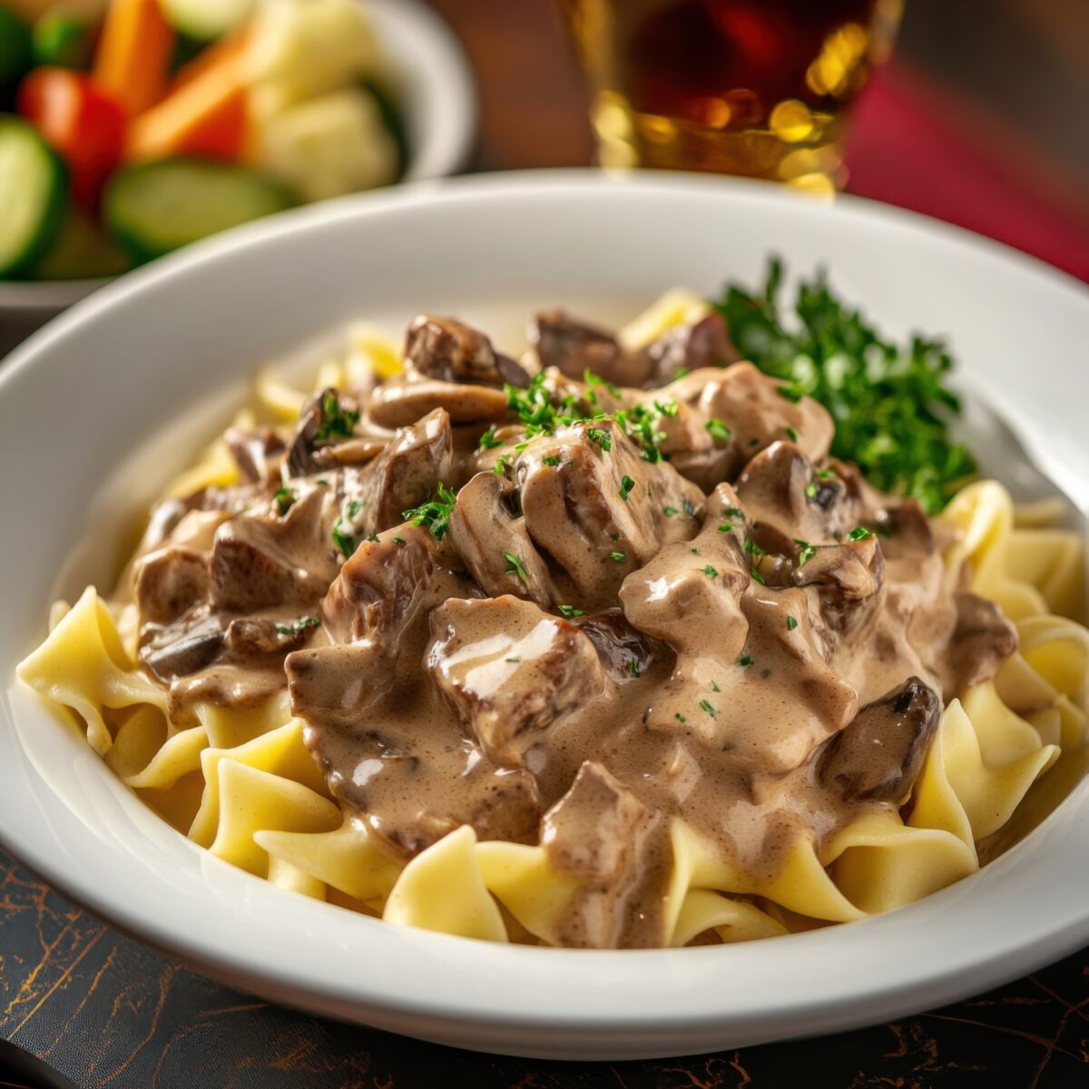 creamy beef stroganoff with fresh parsley served over egg noodles