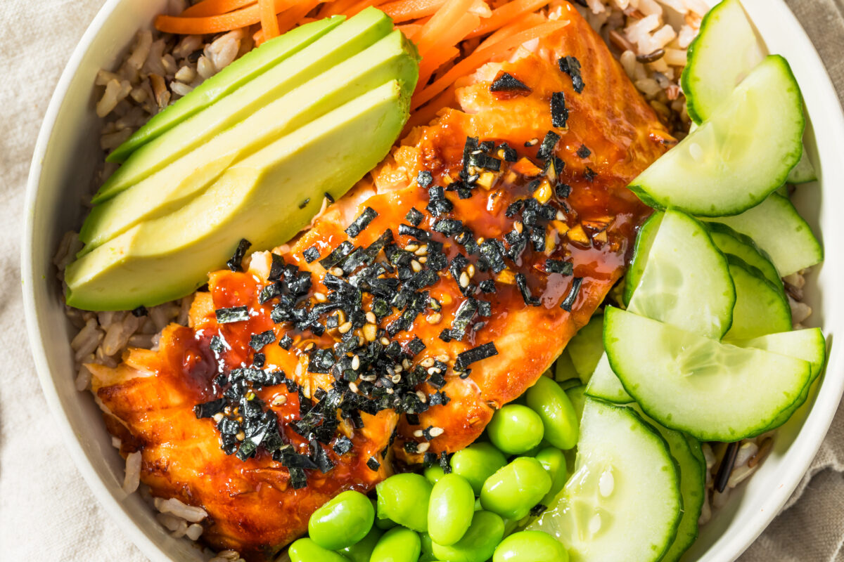 Homemade Japanese Teriyaki Salmon Bowl with Avocado, Edamame and Cucumber 