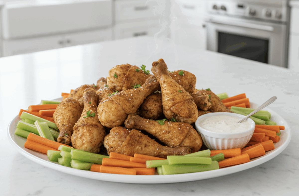 a plate of chicken drumsticks on a white kitchen counter with a bowl of ranch dressing and carrot and celery sticks 