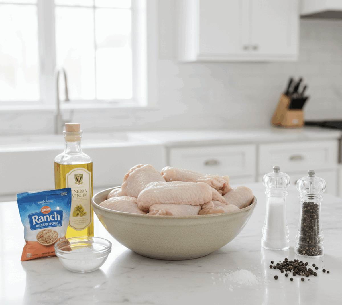 ingredients needed to make ranch chicken drumsticks on a white kitchen counter