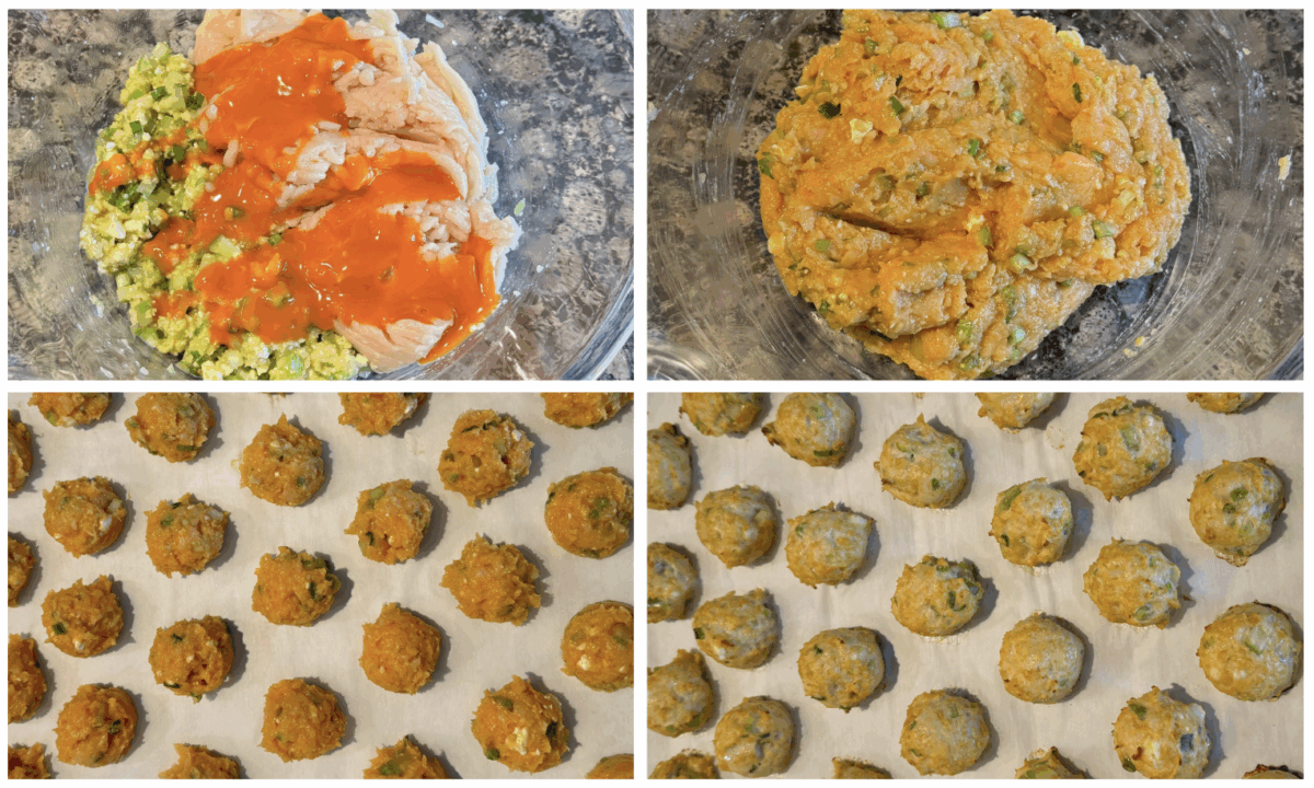 process shots showing how to make buffalo chicken meatballs