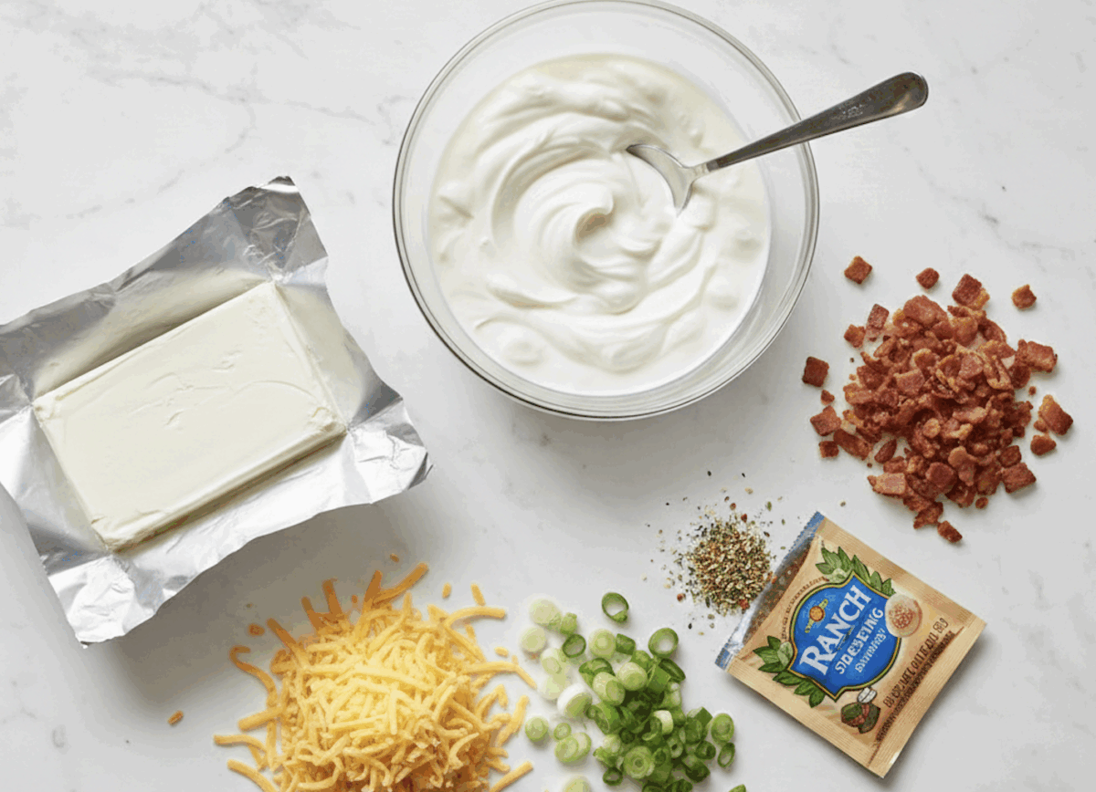 ingredients needed to make high protein crack dip on a white counter