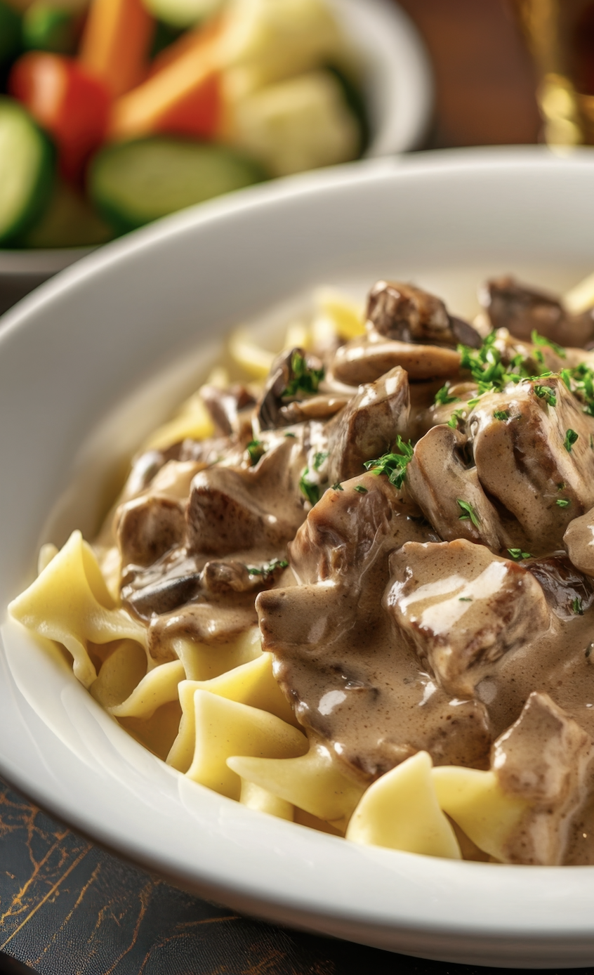 creamy beef stroganoff in a serving bowl topped with fresh parsley