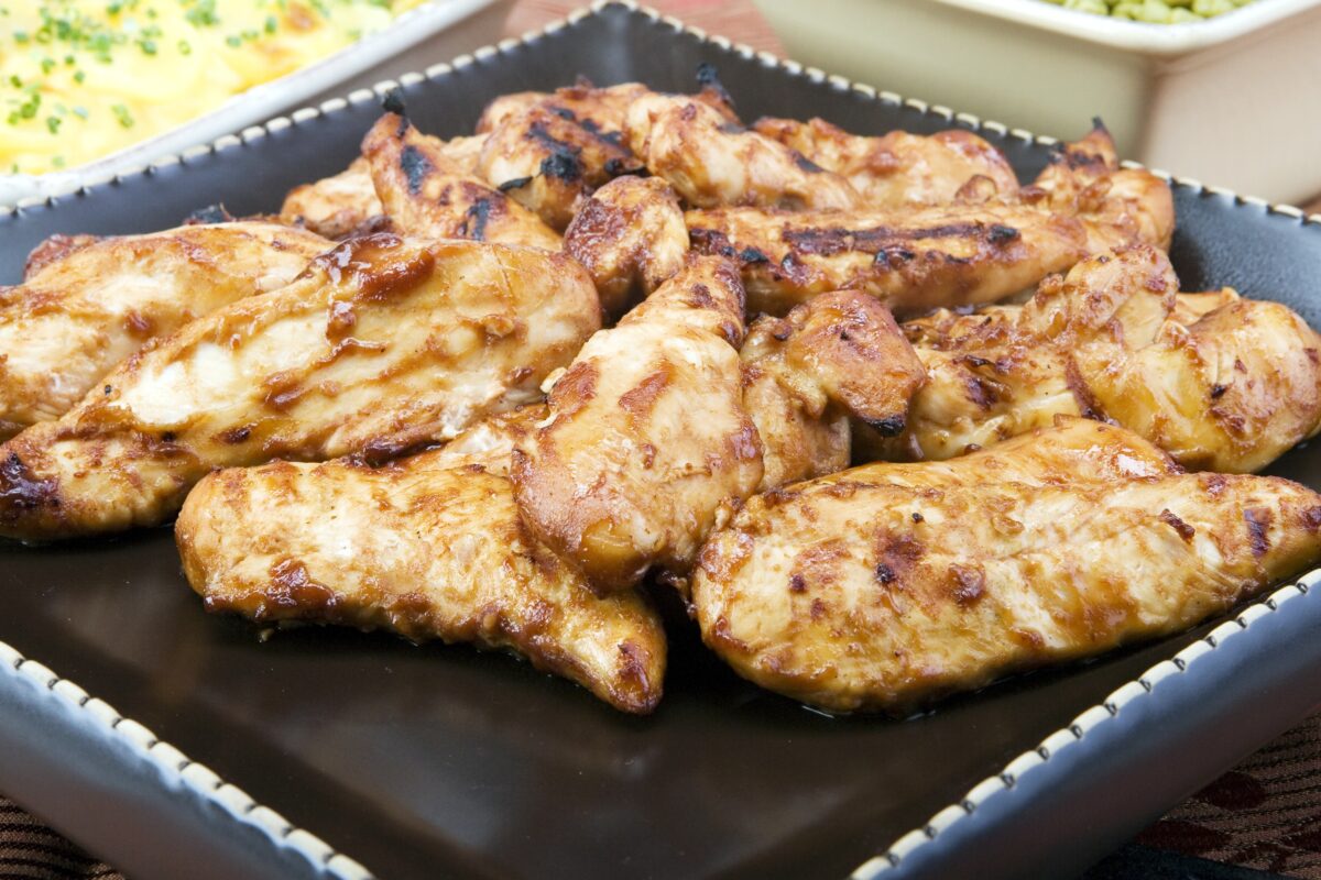grilled chicken tenders with a sweet and spicy marinade on a serving plate