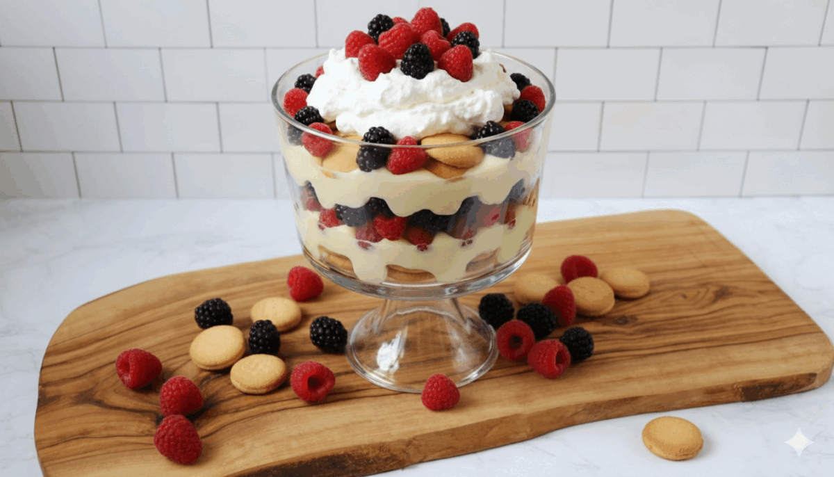easy berry trifle with whipped cream and vanilla wafers in a glass dish