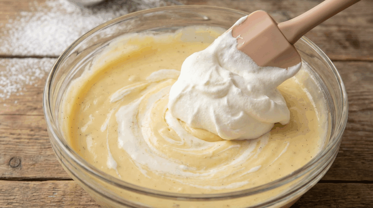 a spoon folding whipped cream into vanilla pudding in a glass bowl