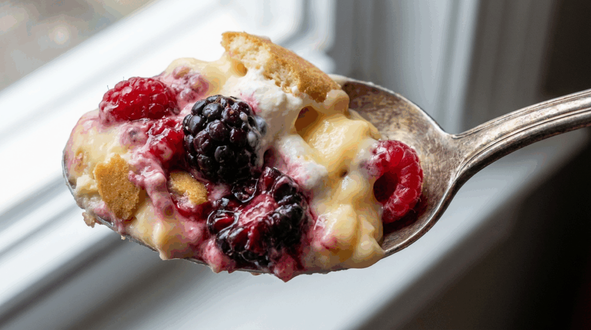 a close up picture of a spoon with berry trifle