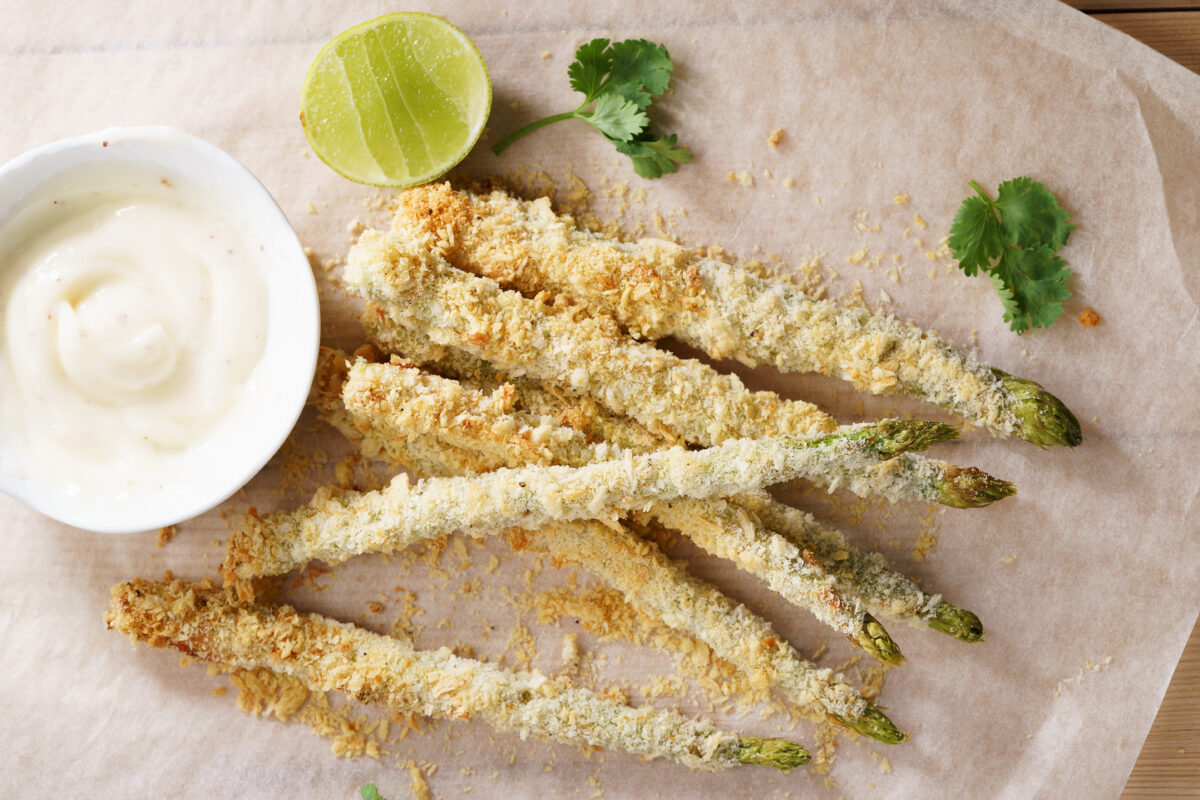 Crispy Grilled Asparagus French Fries with Mayonnaise Dip, Healthy Vegetable Snack