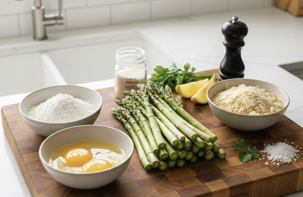 ingredients needed to make parmesan asparagus on s wooden board in a bright kitchen