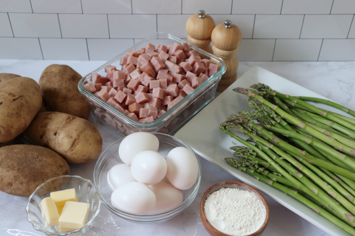 Ingredients needed to make Ham and Asparagus Casserole