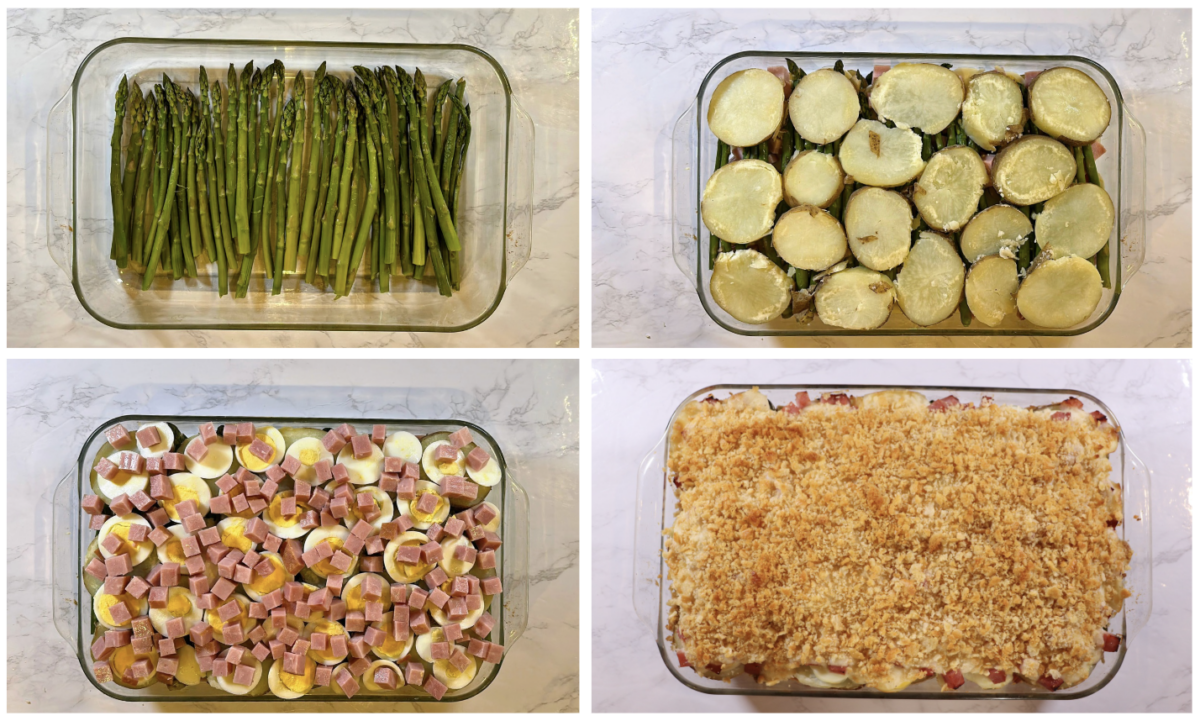 Process photo showing how to layer ham and asparagus casserole