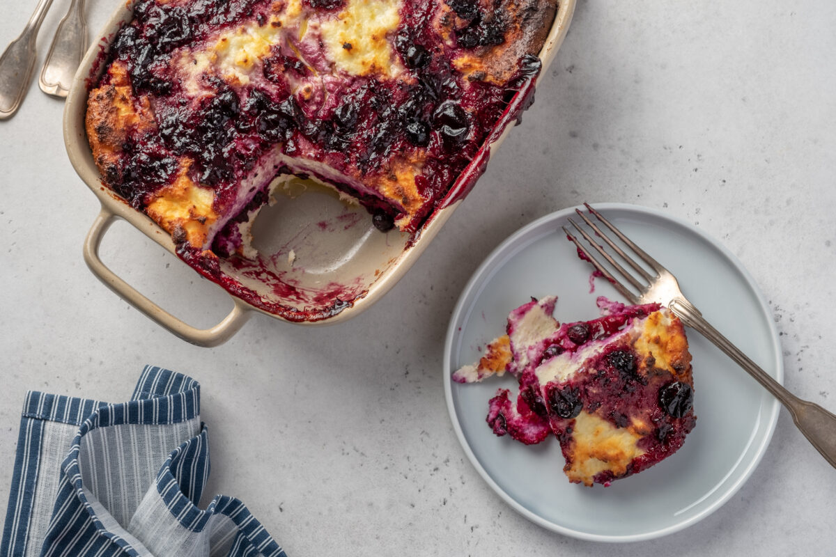 blueberry cottage cheese breakfast bake on a serving plate 