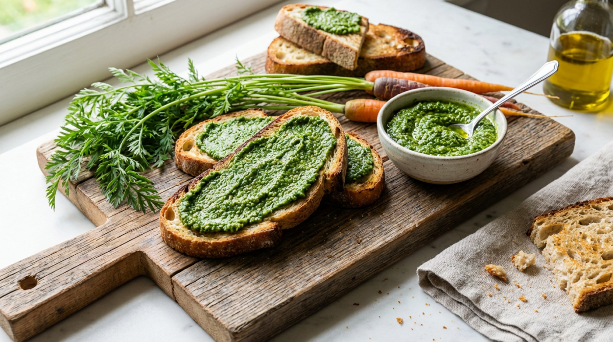 carrot top pesto in a bowl and spread on toasted bread on a wooden cutting board