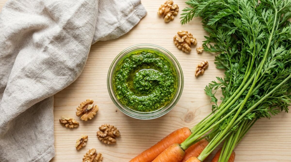 carrot top pesto with fresh carrots and walnuts and a linen in the background