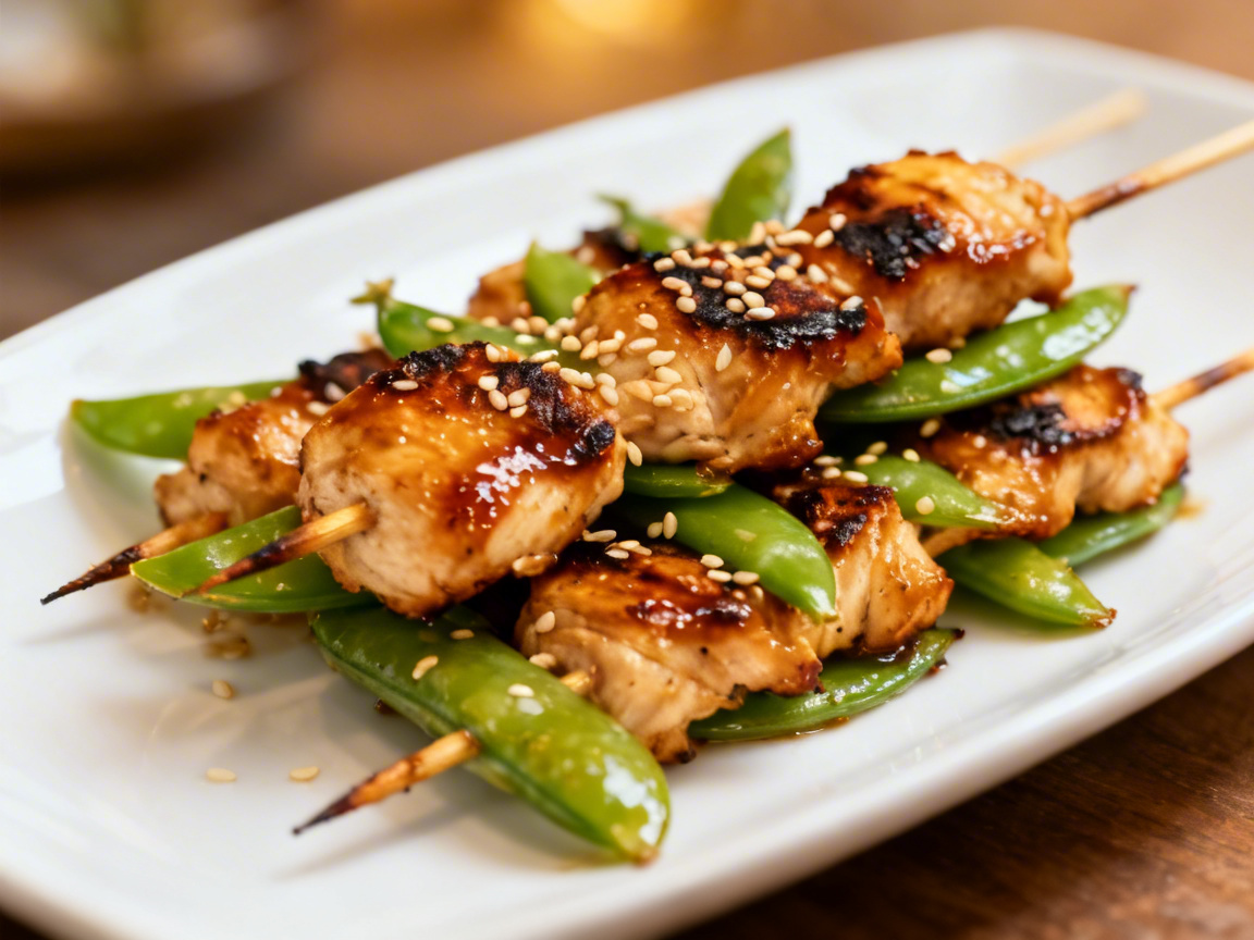chicken breast and snow peas grilled on skewers and topped with sesame seeds