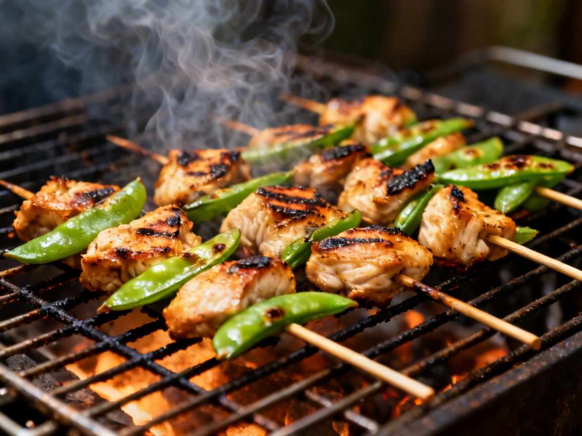 chicken breast and snow peas charred on a grill