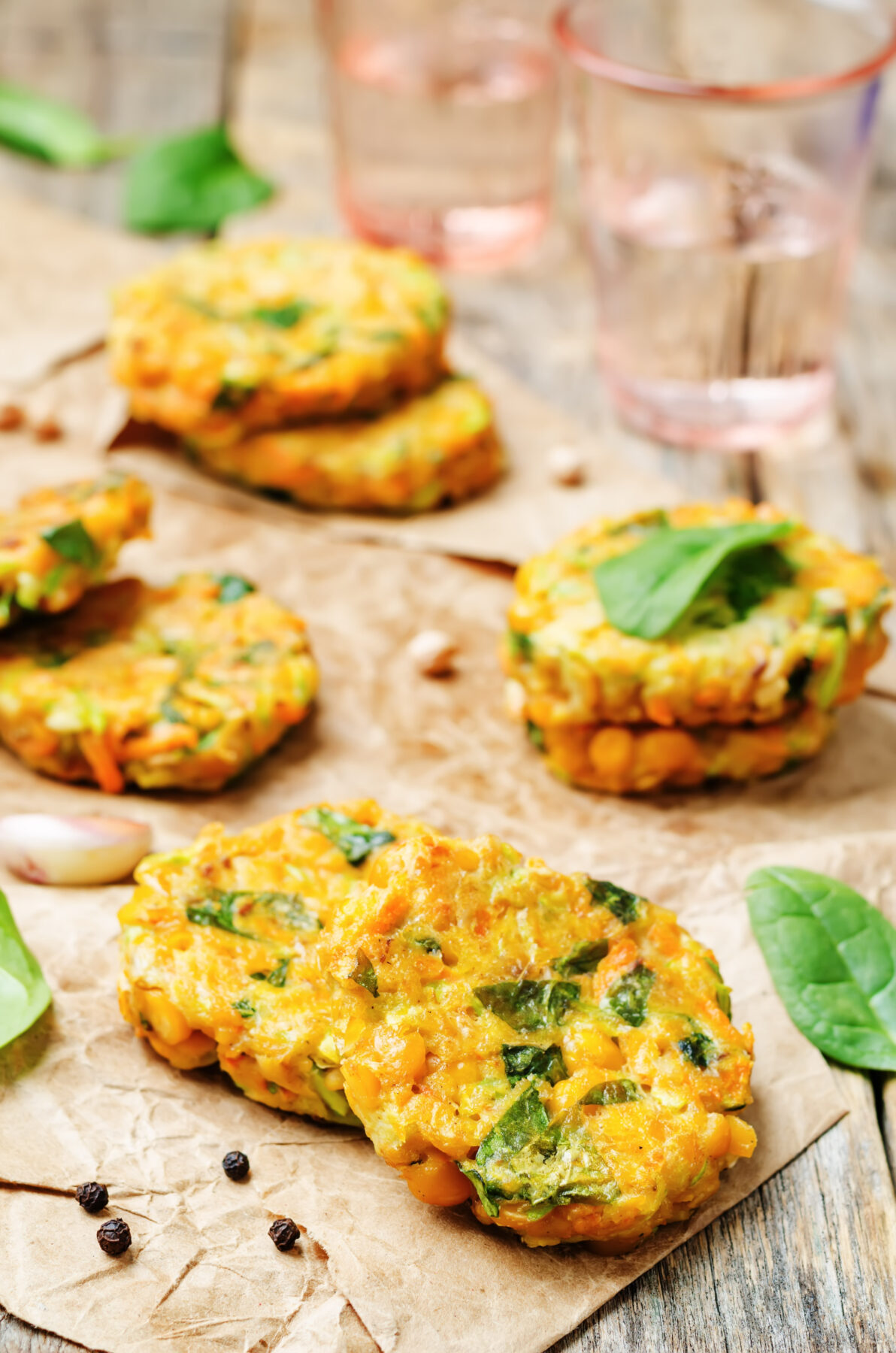 chickpea veggie patties on butcher paper with fresh spinach and garlic