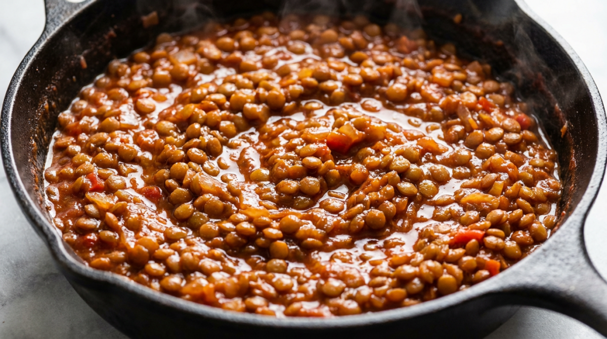 lentil sloppy in a cast iron skillet