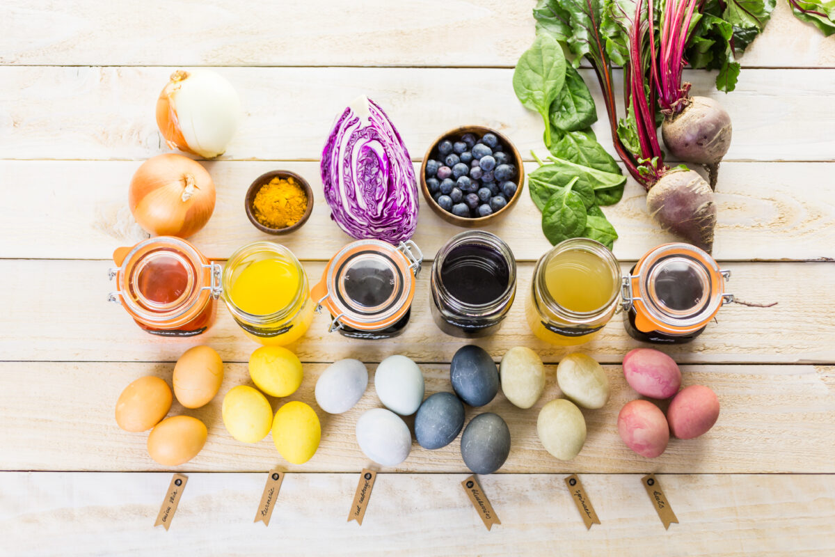 Easter eggs painted with natural egg dye from fruits and vegetables.
