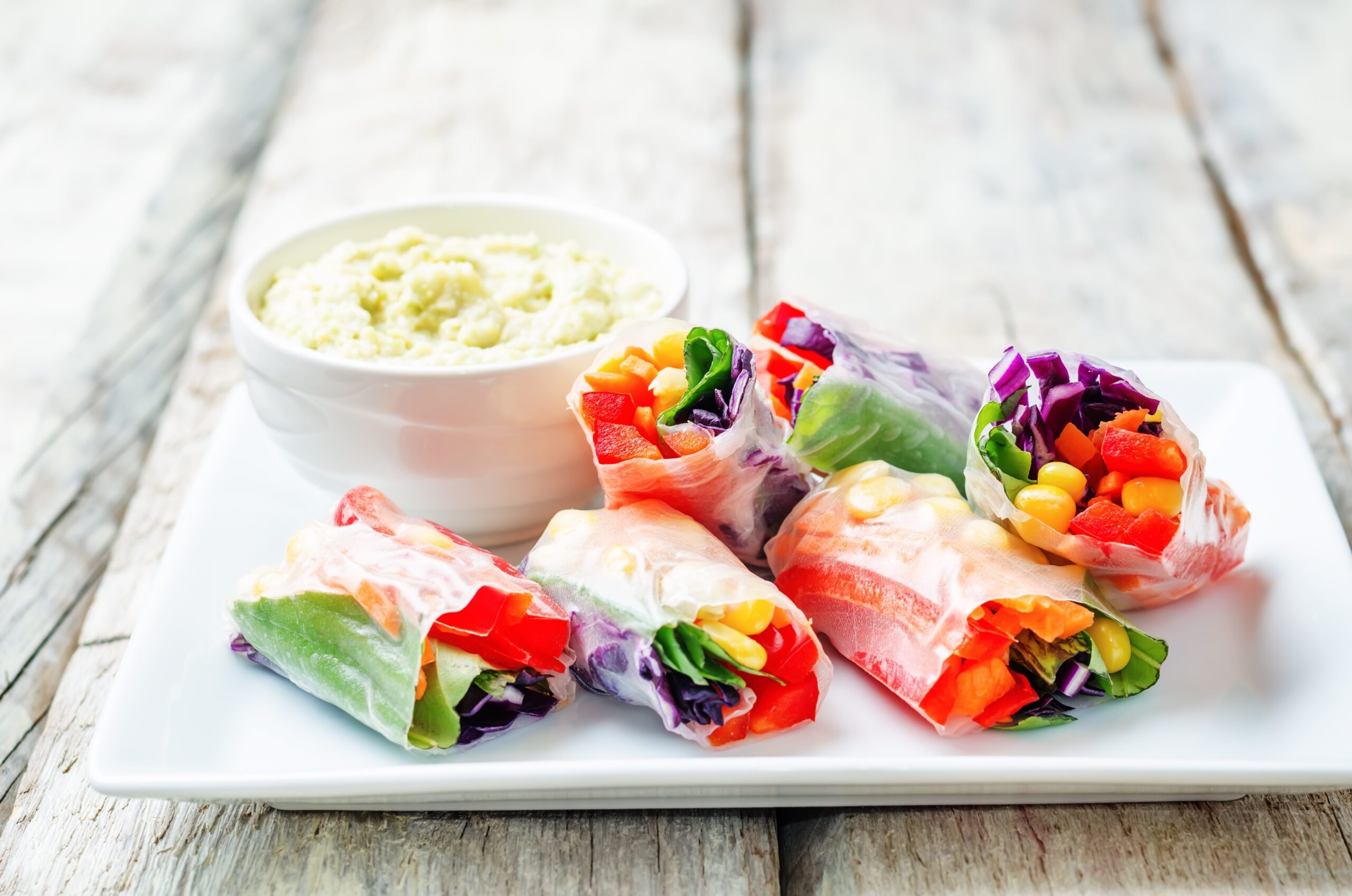 Rainbow Spring Rolls with Avocado Hummus