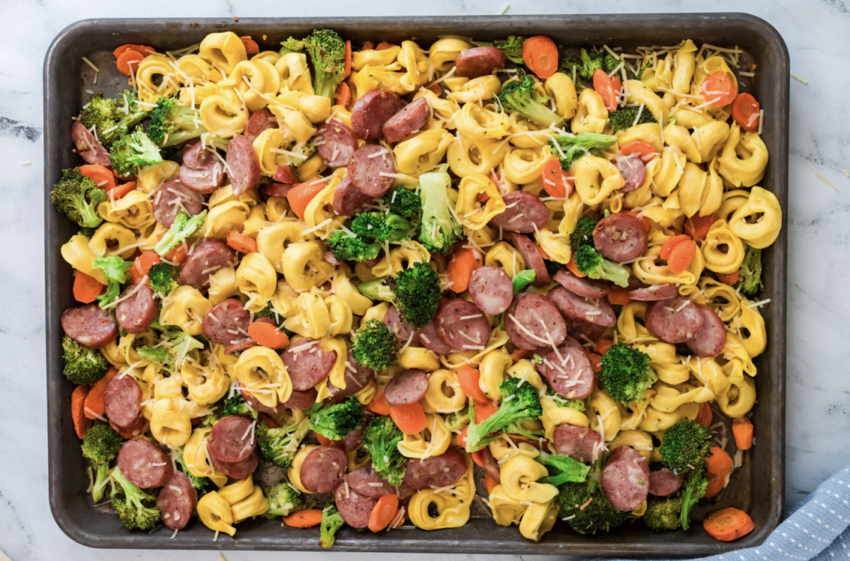 sheet pan tortellini and sausage dinner